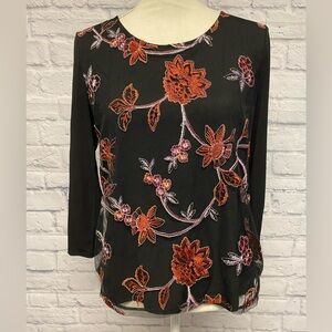 Liz Claiborne Career Floral Embroidered Sheer Overlay Black Top Size Small